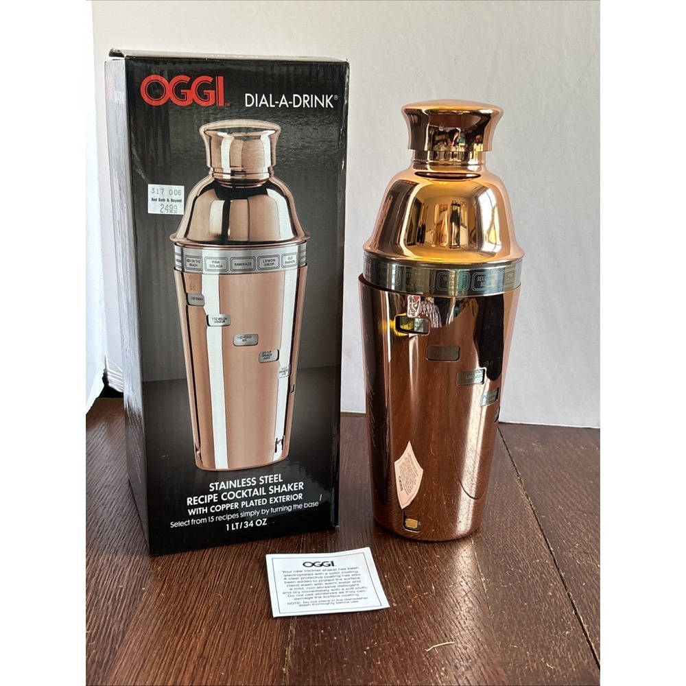 Oggi COCKTAIL SHAKER Dial-A-Drink 15 Cocktail Recipes Stainless‎ Copp/ 4PC MIXER